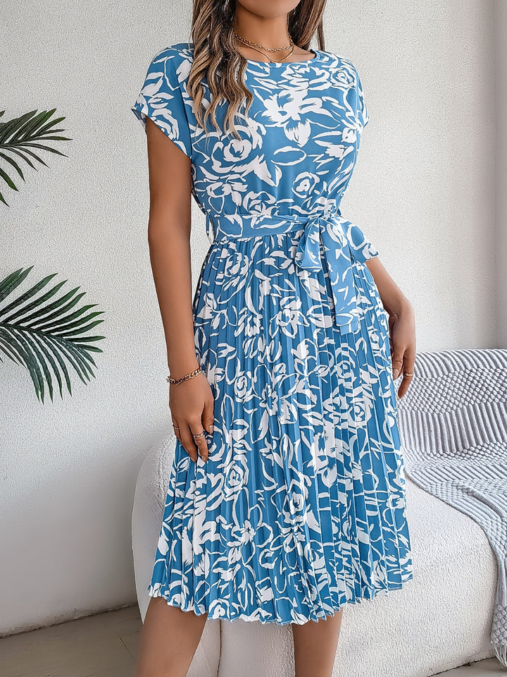 Tied Pleated Printed Short Sleeve Dress | Trendsi