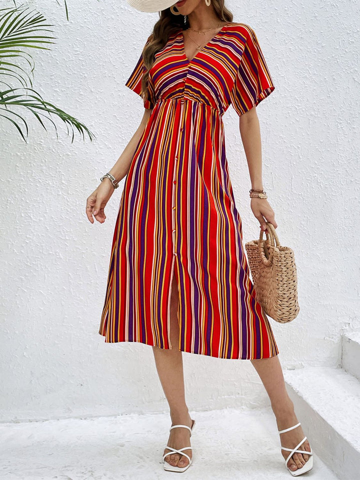 Slit Striped V-Neck Short Sleeve Midi Dress | Trendsi