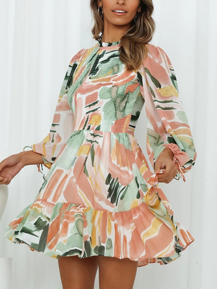 Printed Mock Neck Balloon Sleeve Mini Dress | Trendsi