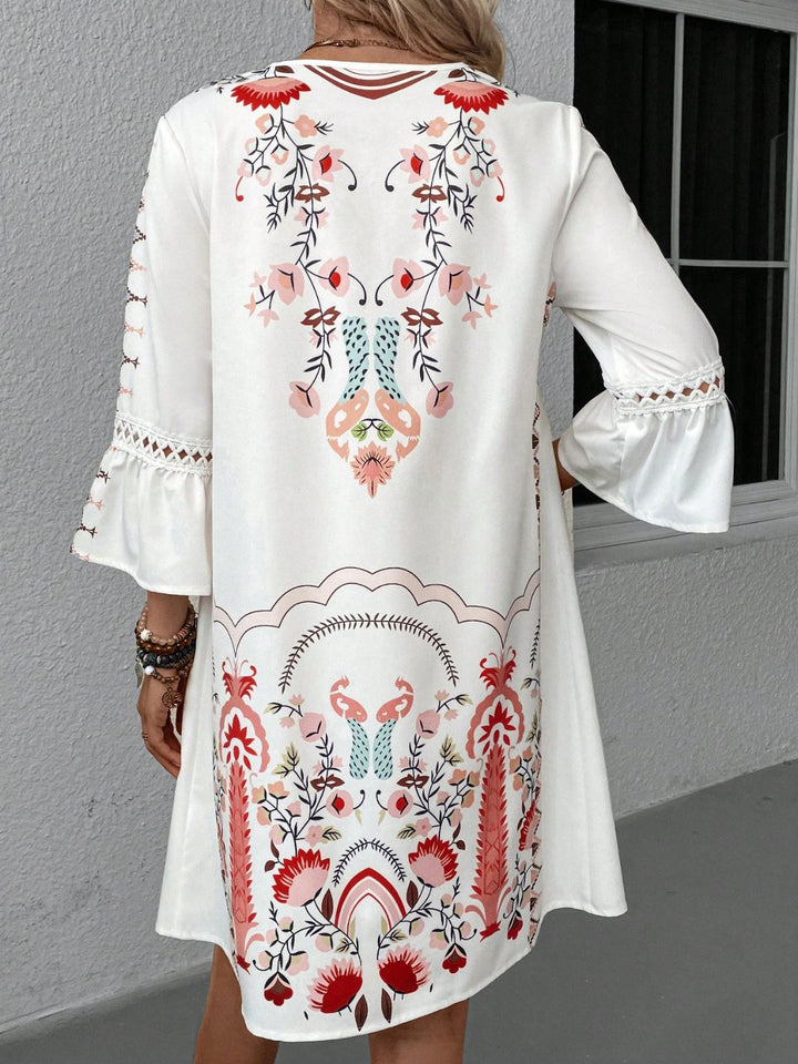 Lace Detail Printed Three-Quarter Sleeve Dress | Trendsi