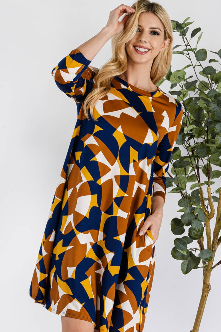 Celeste Full Size Geometric Round Neck Dress with Pockets | Trendsi