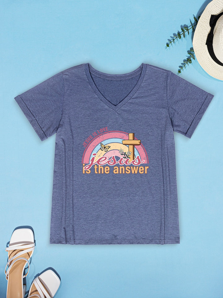 JESUS IS THE ANSWER V-Neck Short Sleeve T-Shirt | Trendsi