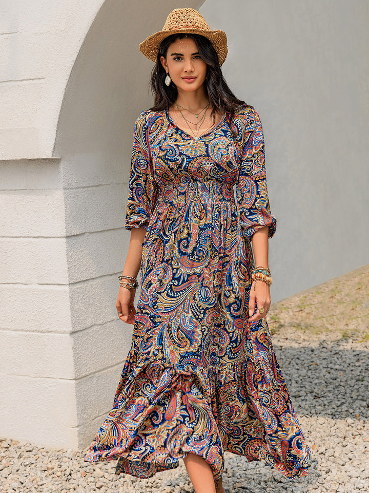 Printed Tie Neck Long Sleeve Midi Dress | Trendsi