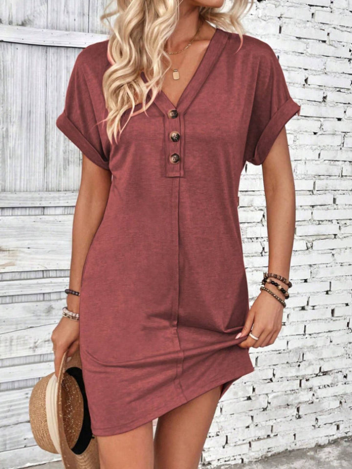 Quarter Button V-Neck Short Sleeve Dress | Trendsi