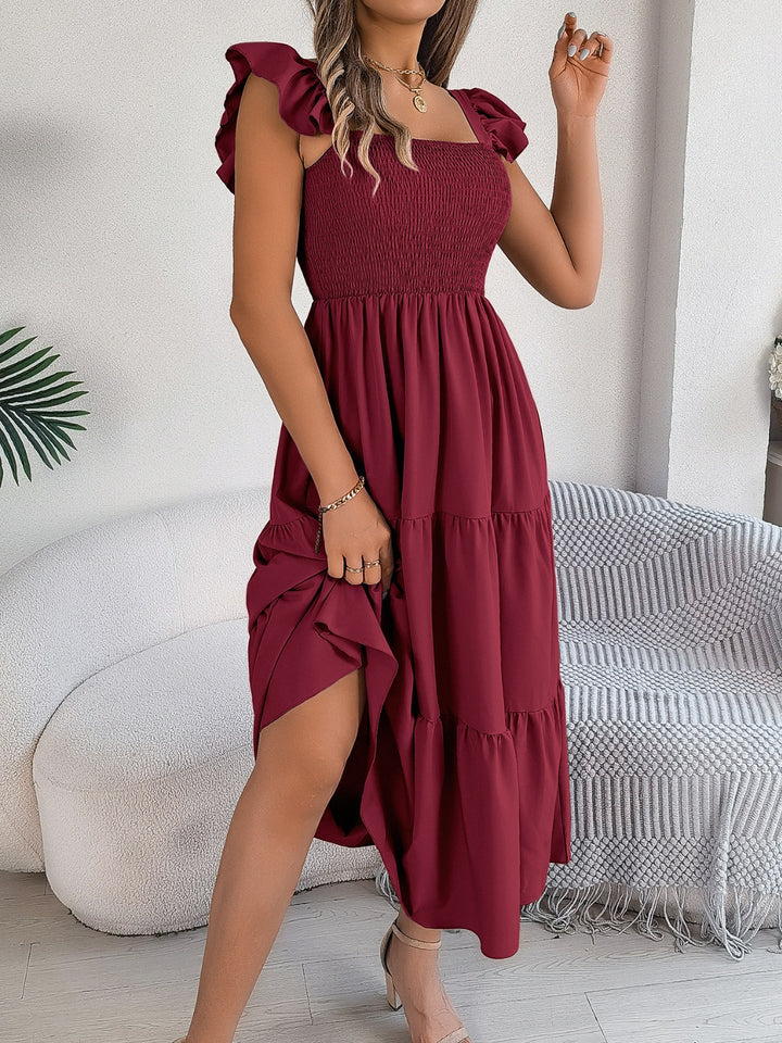 Smocked Square Neck Cap Sleeve Midi Dress | Trendsi