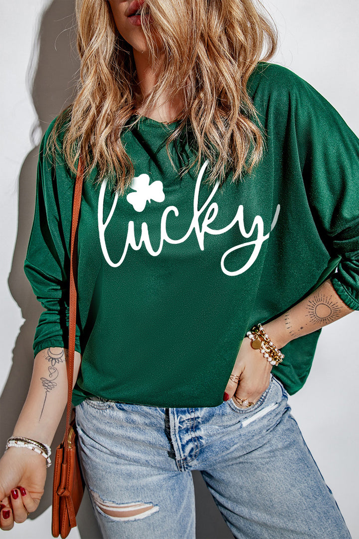 LUCKY Round Neck Dropped Shoulder Blouse | Trendsi