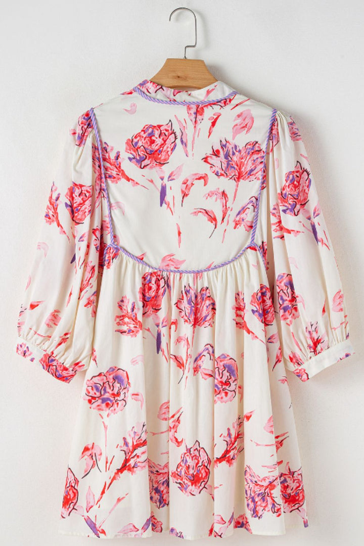 Tied Flower Printed Three-Quarter Sleeve Dress | Trendsi