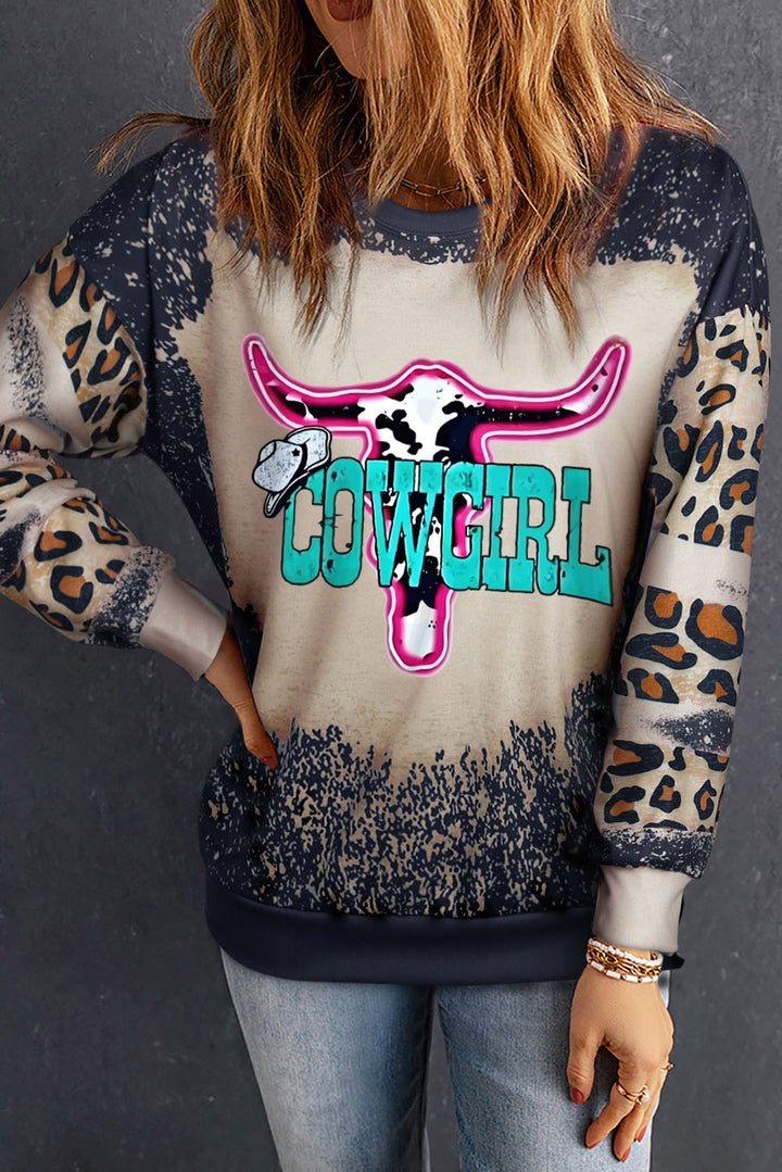 COWGIRL Leopard Round Neck Sweatshirt | Trendsi