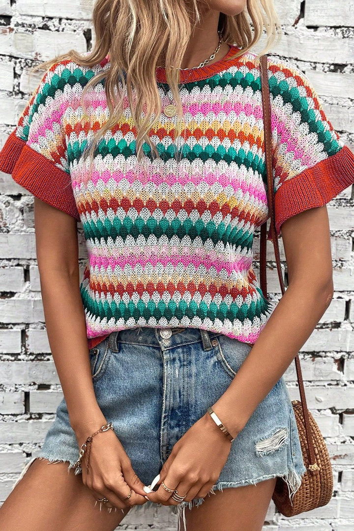 Striped Round Neck Short Sleeve Sweater | Trendsi