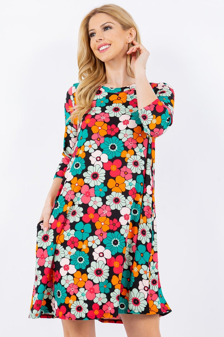 Celeste Full Size Floral Three-Quarter Sleeve Dress with Pockets | Trendsi