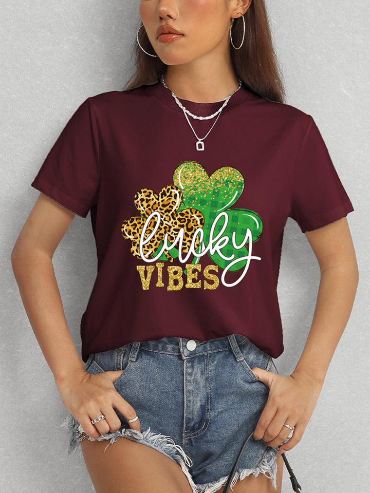 LUCKY VIBES Round Neck Short Sleeve T-Shirt | Trendsi