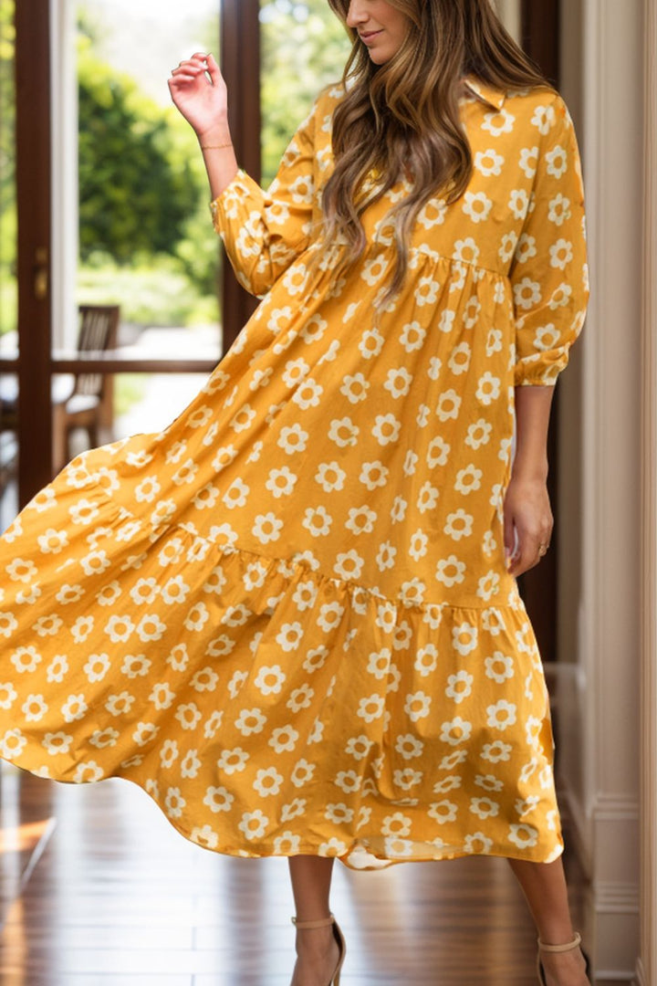 Floral Collared Neck Three-Quarter Sleeve Dress | Trendsi