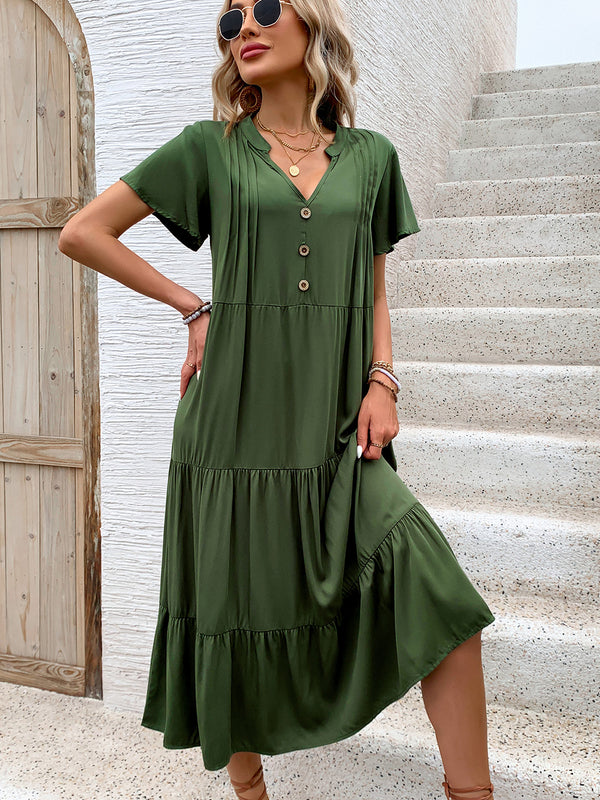 Tiered Notched Short Sleeve Midi Dress | Trendsi