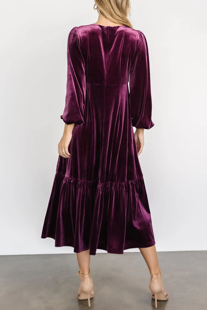 V-Neck Long Sleeve Midi Velvet Dress | Trendsi