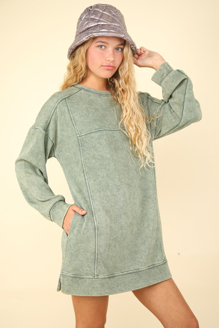 VERY J Mineral Washed Oversized Sweatshirt Mini Dress | Trendsi