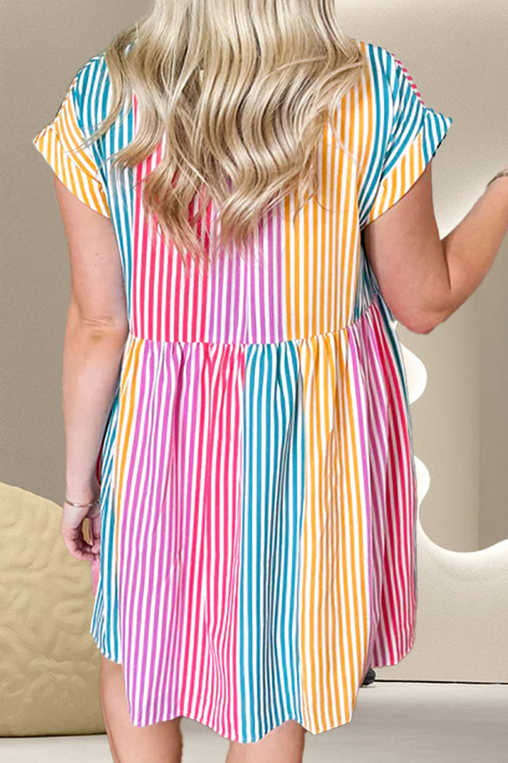 Striped Collared Neck Cap Sleeve Mini Dress | Trendsi