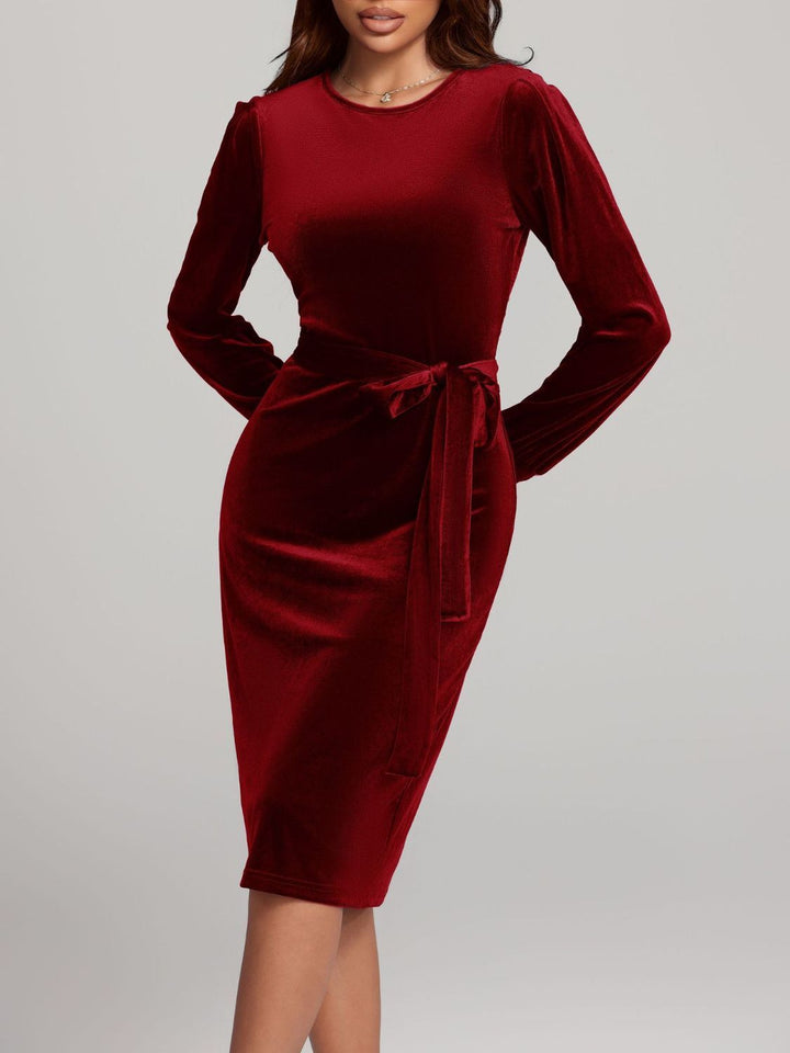 Round Neck Tie Waist Long Sleeve Velvet Dress | Trendsi