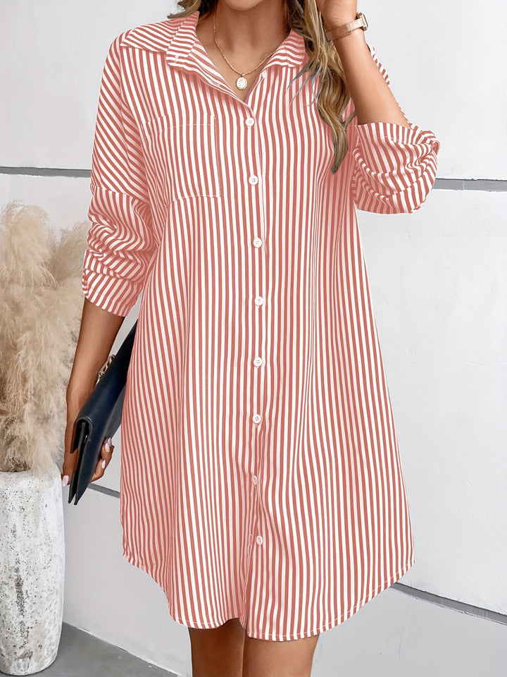 Striped Button Up Long Sleeve Mini Shirt Dress | Trendsi