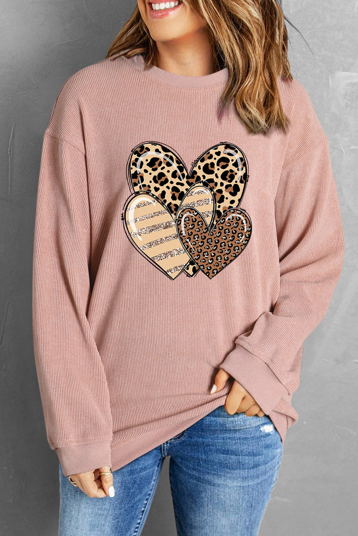 Heart Ribbed Round Neck Sweatshirt | Trendsi