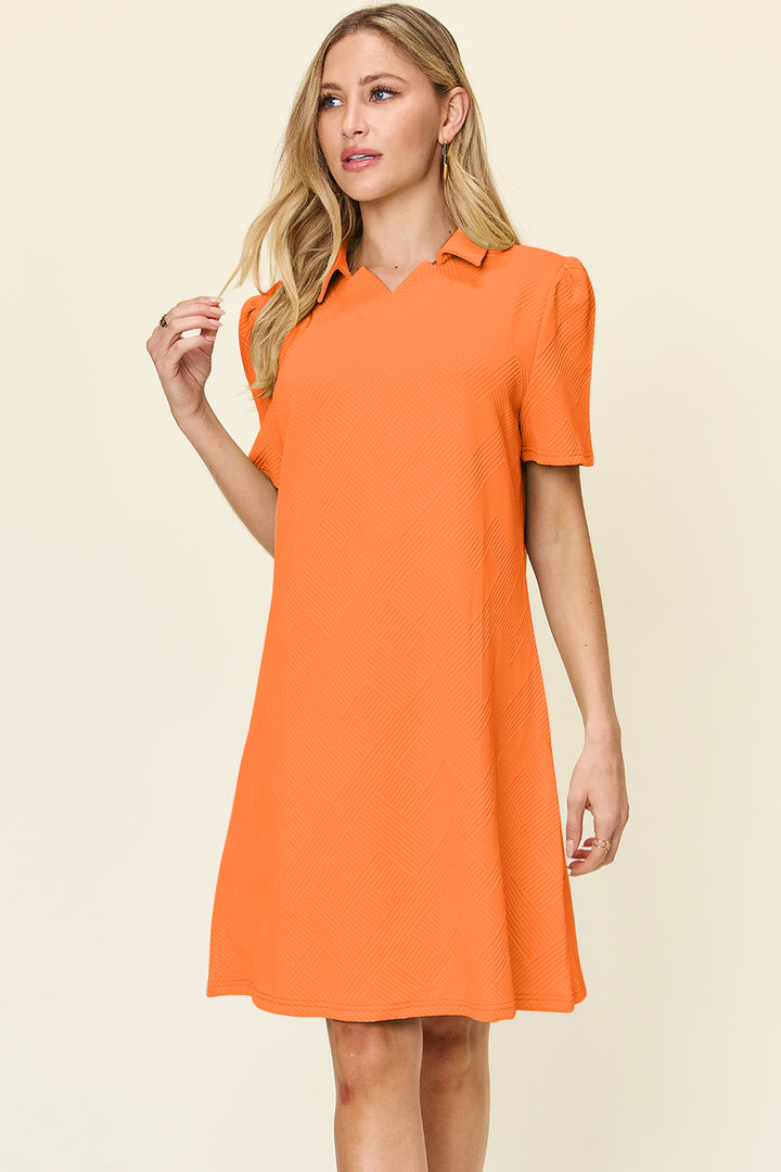 Double Take Full Size Texture Collared Neck Short Sleeve Dress | Trendsi