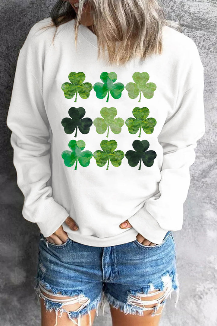 Lucky Clover Round Neck Dropped Shoulder Sweatshirt | Trendsi