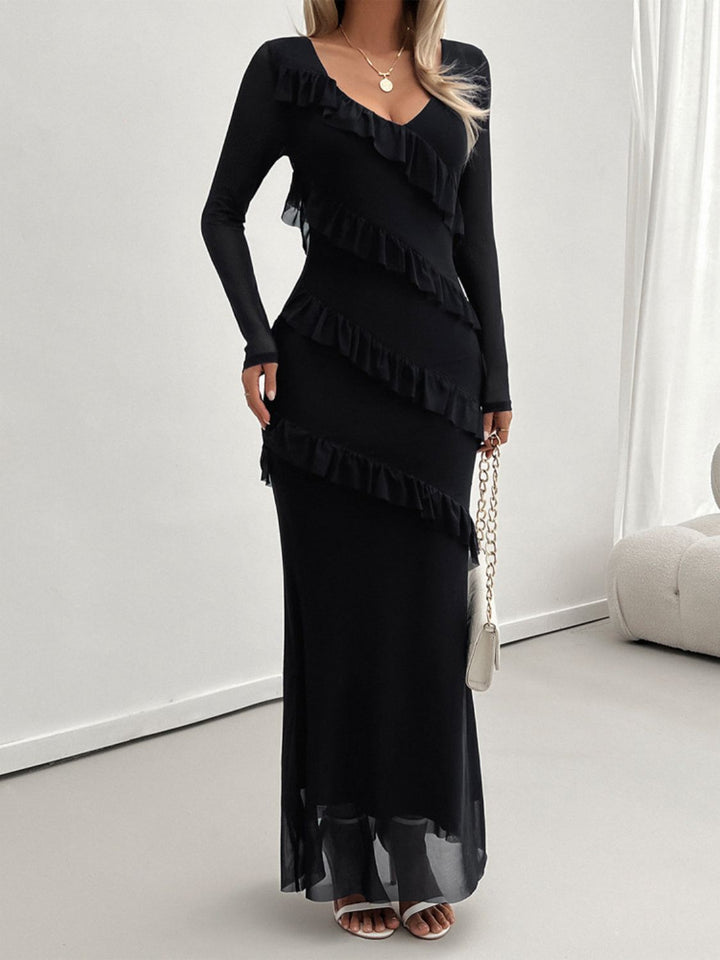 Devine Ruffled Surplice Long Sleeve Maxi Dress | Trendsi