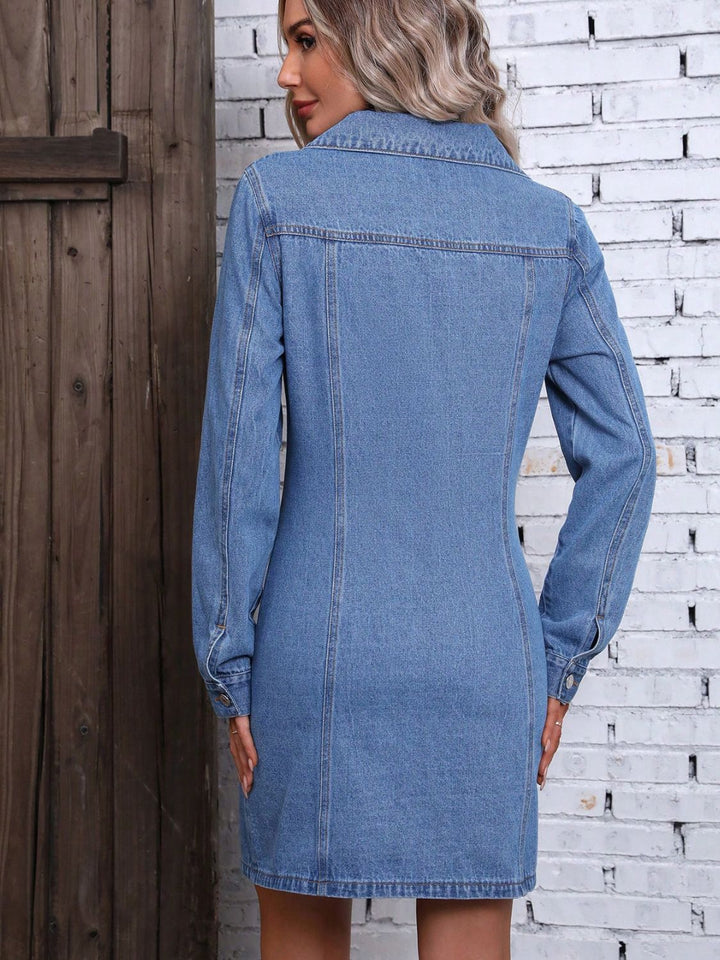 Ruched Button Up Long Sleeve Denim Dress | Trendsi