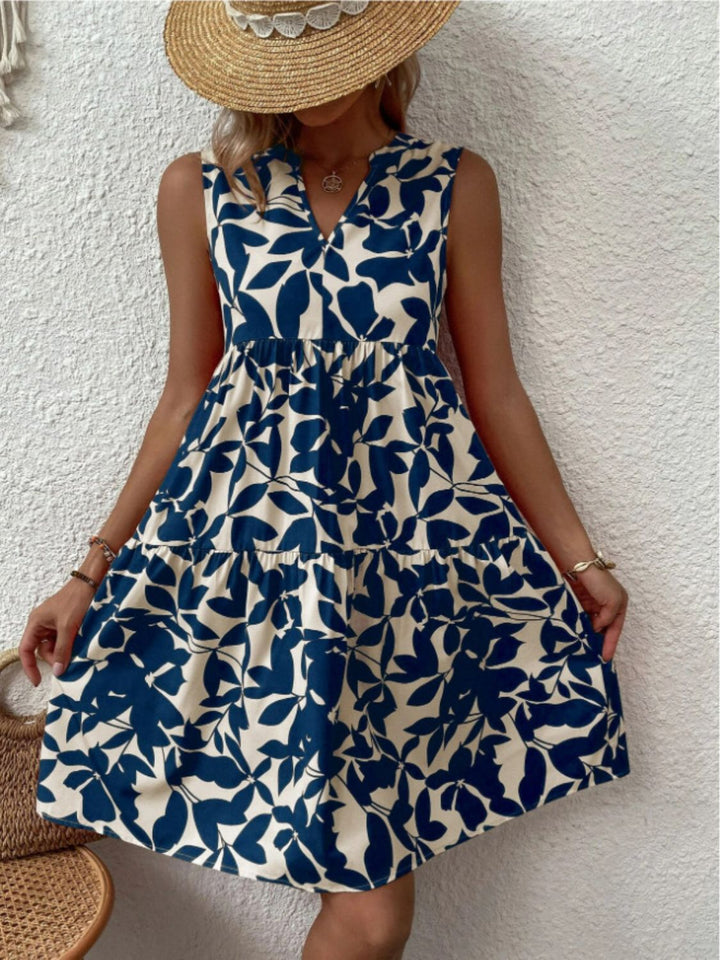 Printed Notched Sleeveless Mini Dress | Trendsi