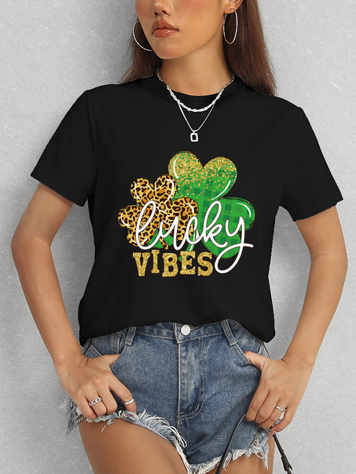 LUCKY VIBES Round Neck Short Sleeve T-Shirt | Trendsi