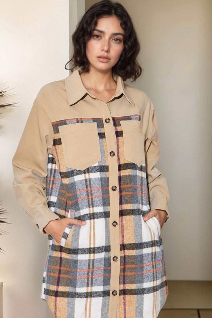 Pocketed Plaid Long Sleeve Mini Shirt Dress | Trendsi