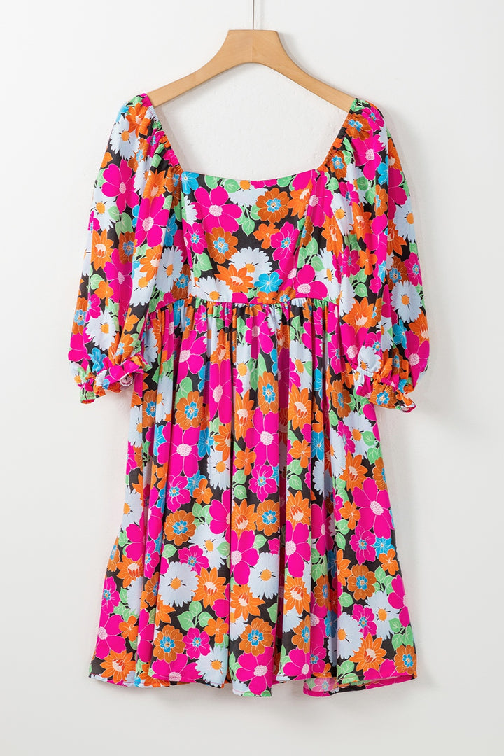 Printed Square Neck Half Sleeve Mini Dress | Trendsi