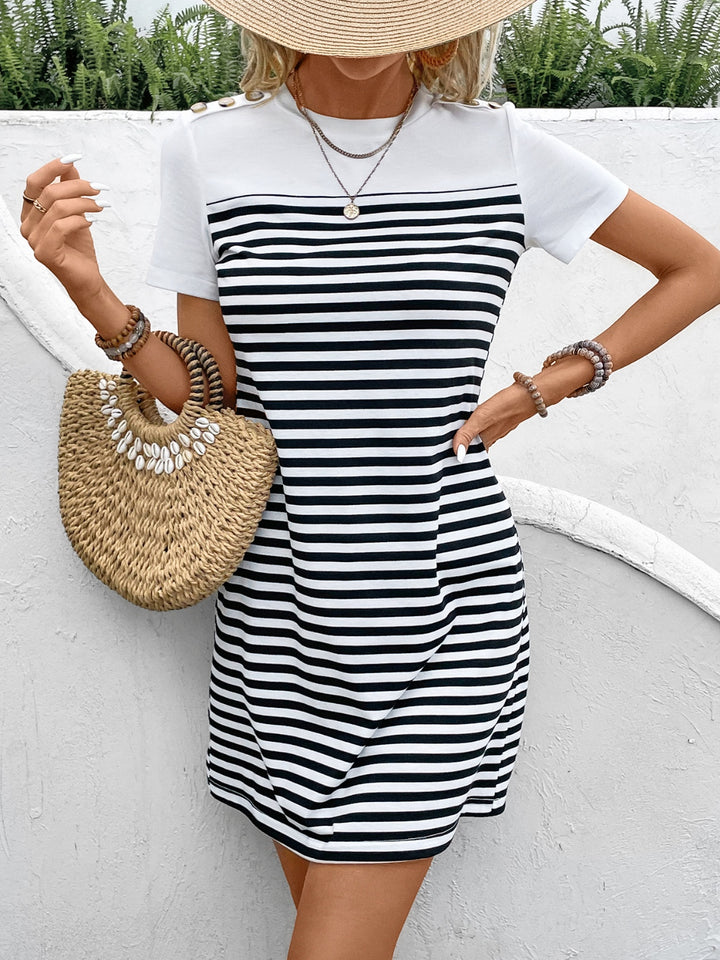 Striped Round Neck Short Sleeve Mini Tee Dress | Trendsi