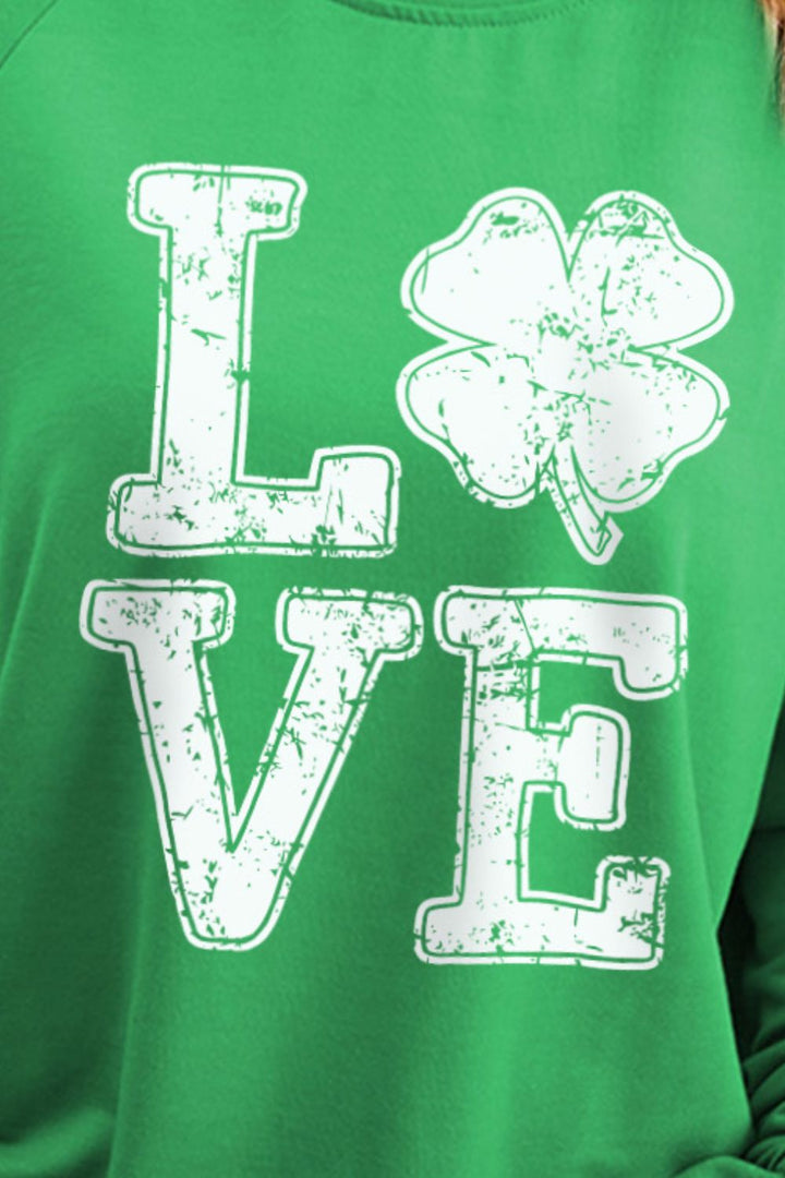 LOVE Lucky Clover Round Neck Sweatshirt | Trendsi