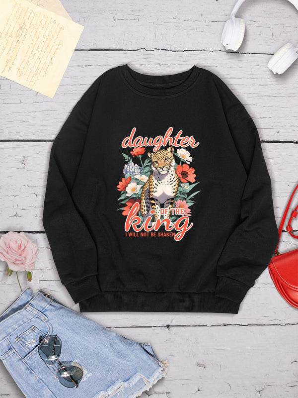 Leopard Graphic Round Neck Sweatshirt | Trendsi
