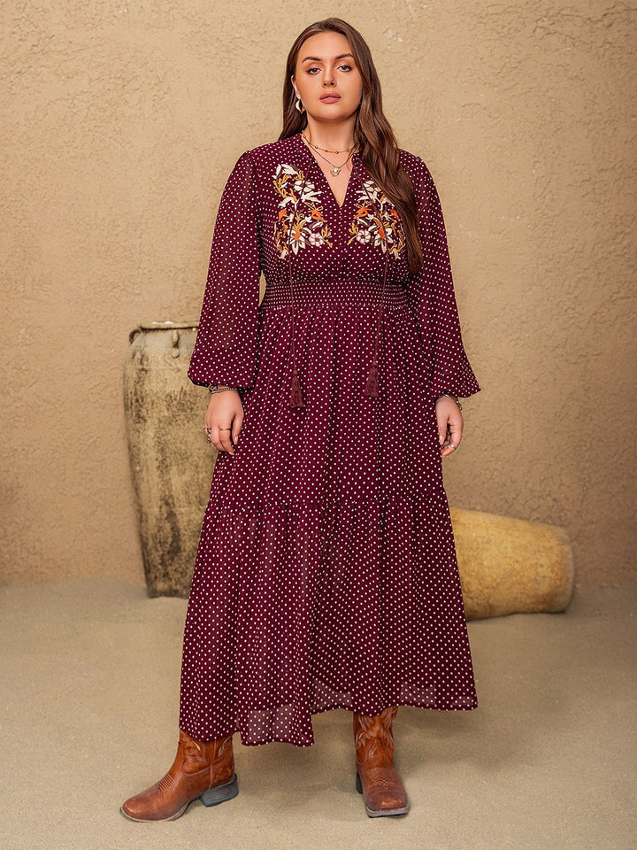 Plus Size Embroidered Polka Dot Tie Neck Long Sleeve Midi Dress | Trendsi