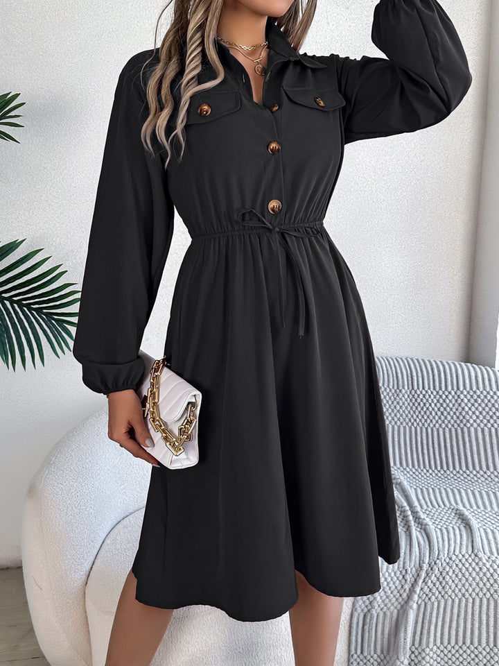 Collared Neck Long Sleeve Dress with Pockets | Trendsi