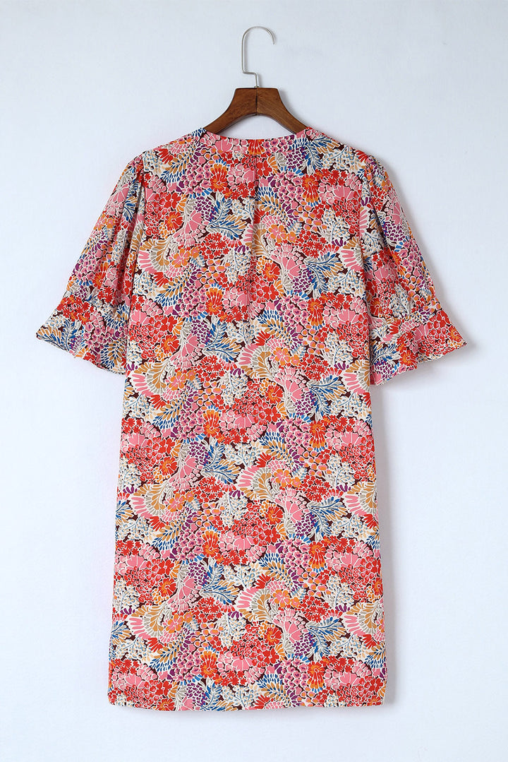 Floral Notched Neck Flounce Sleeve Shift Dress | Trendsi