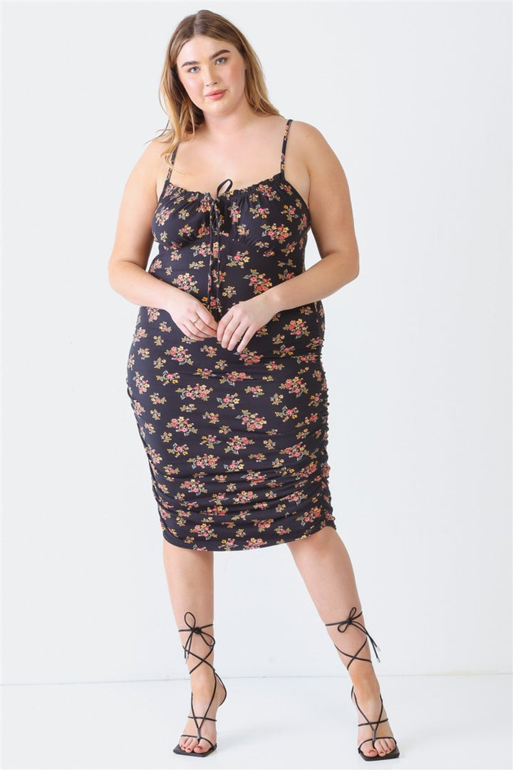 Blue Leopard Plus Size Ruched Floral Square Neck Cami Dress | Trendsi