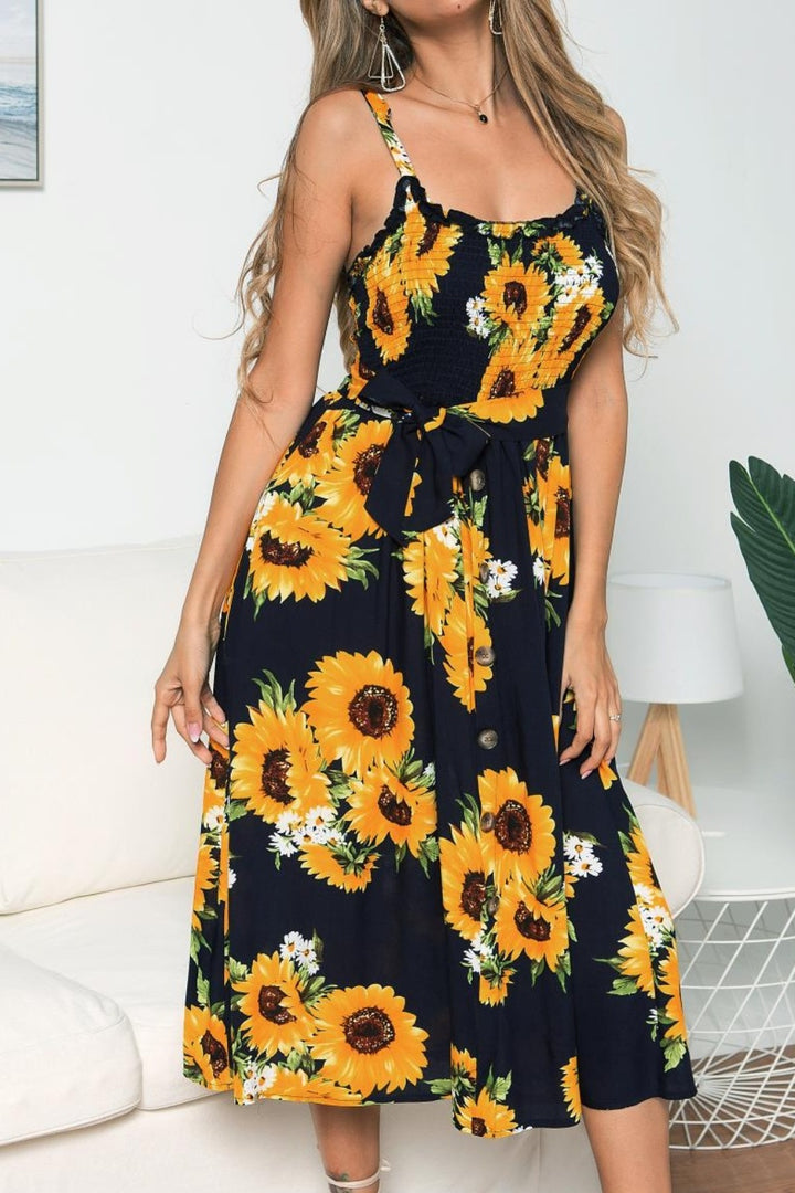 Smocked Sunflower Printed Sleeveless Cami Dress | Trendsi