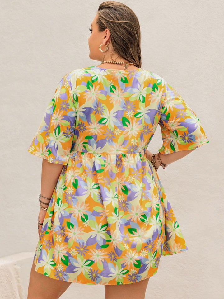 Plus Size Printed V-Neck Half Sleeve Mini Dress | Trendsi