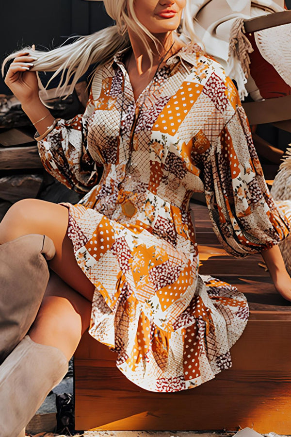 Printed Collared Neck Three-Quarter Sleeve Mini Shirt Dress | Trendsi