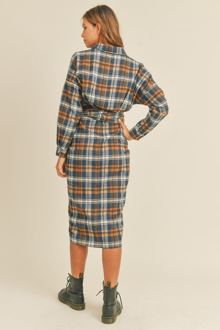 Mable Plaid Flannel Front Tie Button Down Shirt Dress | Trendsi