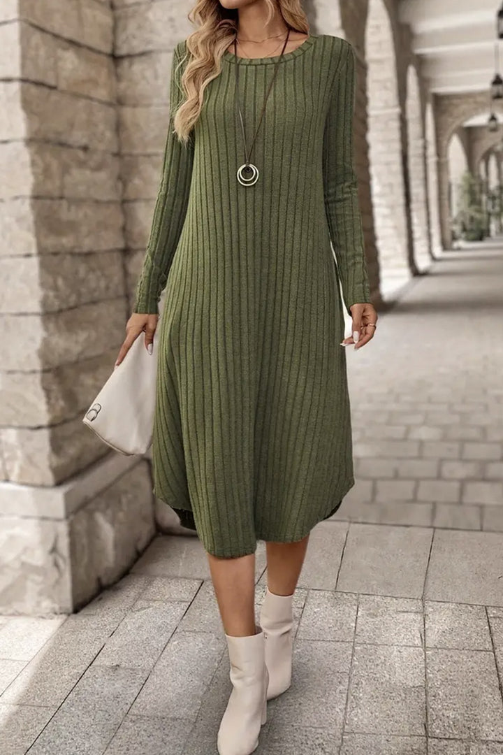 Ribbed Curved Hem Round Neck Long Sleeve Dress | Trendsi