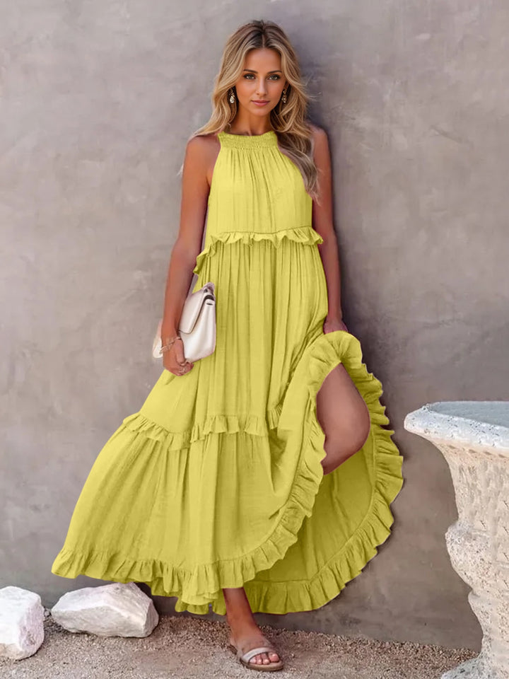 Ruffled Sleeveless Tiered Maxi Dress with Pockets | Trendsi