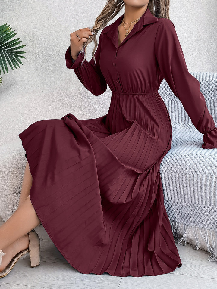 Pleated Half Button Long Sleeve Midi Dress | Trendsi