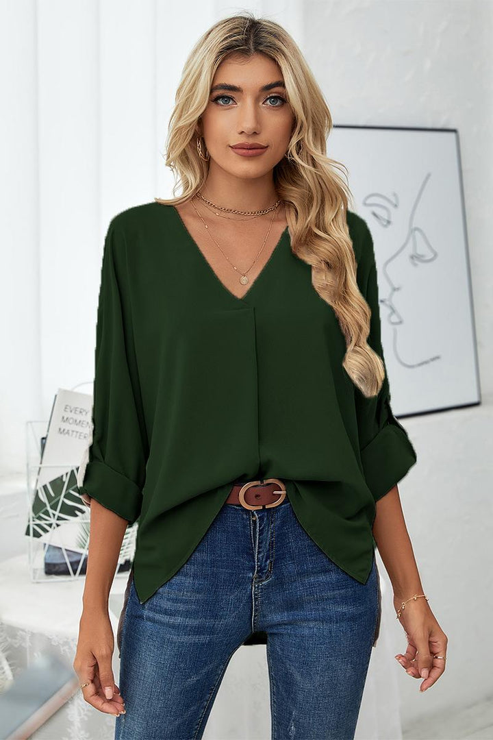 Roll-Tab Sleeve V-Neck Blouse | Trendsi