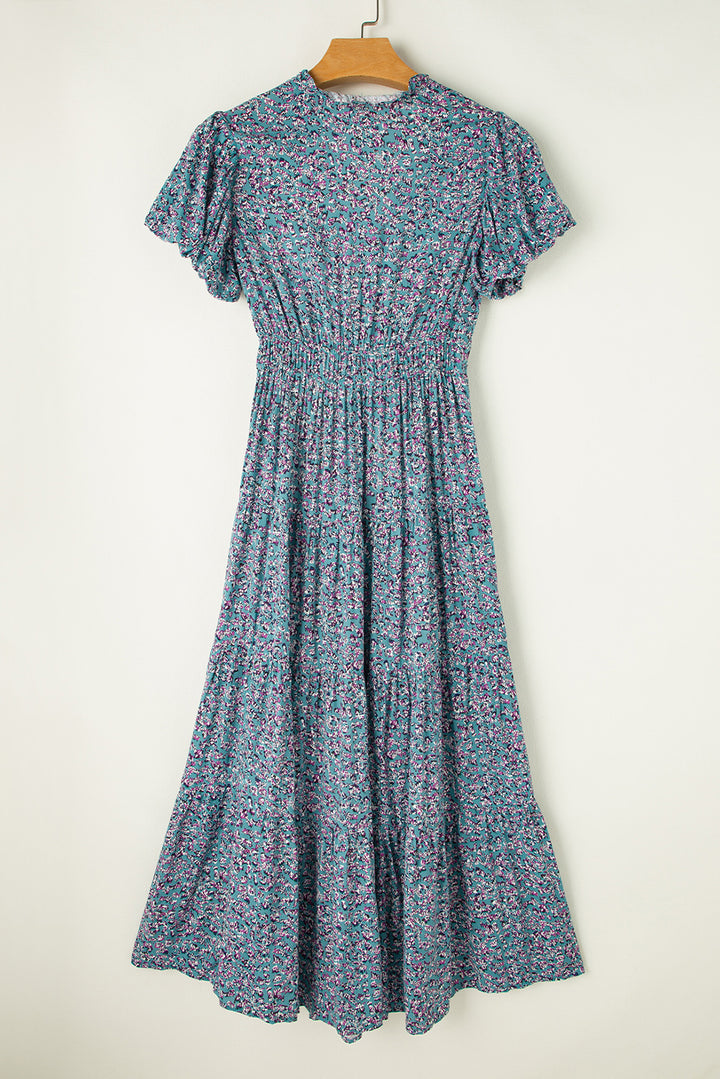 Tiered Printed Notched Short Sleeve Dress | Trendsi