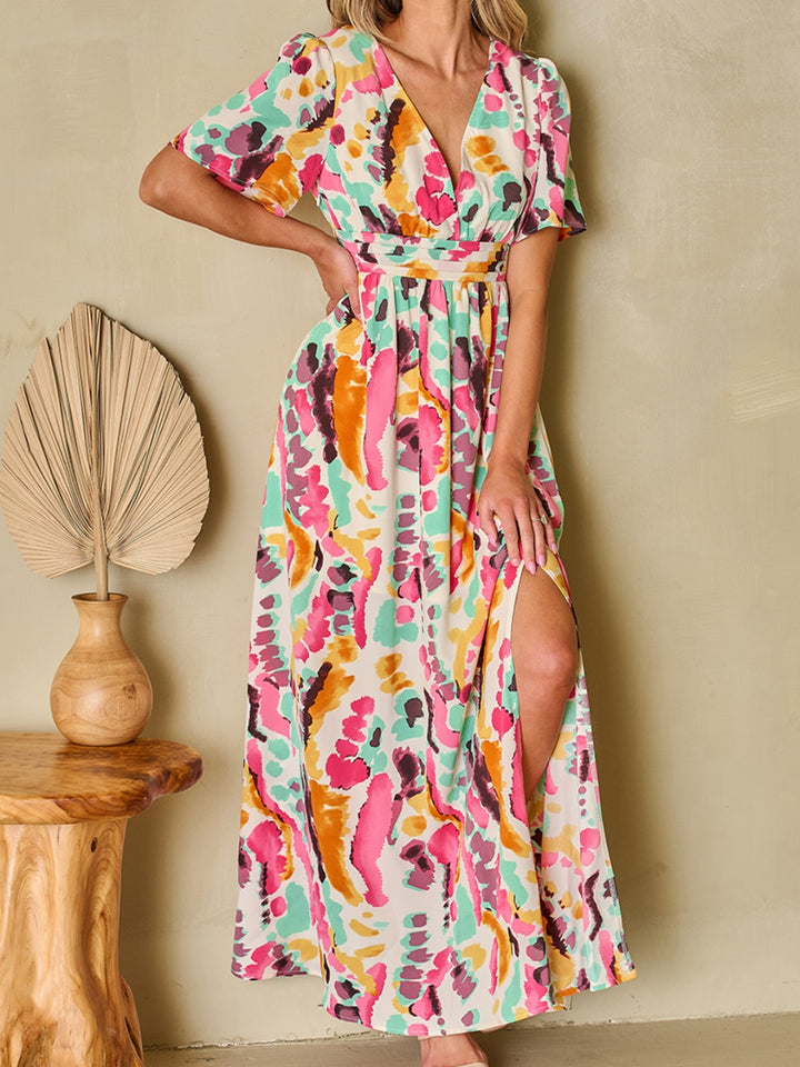 Slit Printed Surplice Short Sleeve Maxi Dress | Trendsi