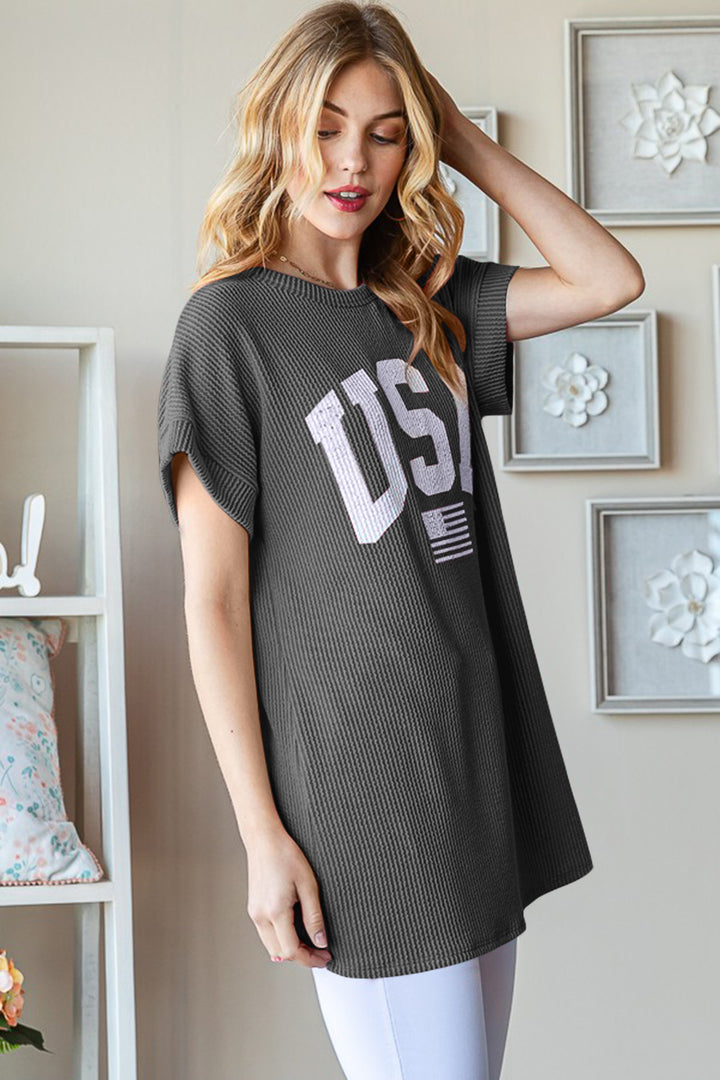 Heimish Full Size USA Graphic Short Sleeve Ribbed Top | Trendsi