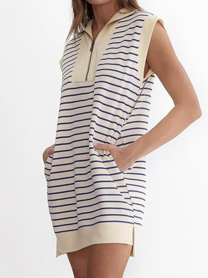 Full Size Pocketed Striped Quarter Zip Cap Sleeve Dress | Trendsi